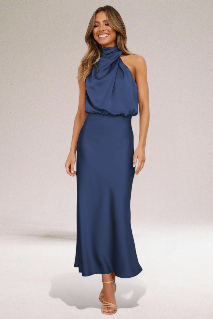 Plus Size Neckholder Kleid Elegant Satin Abendkleid Lang - Navy Blue