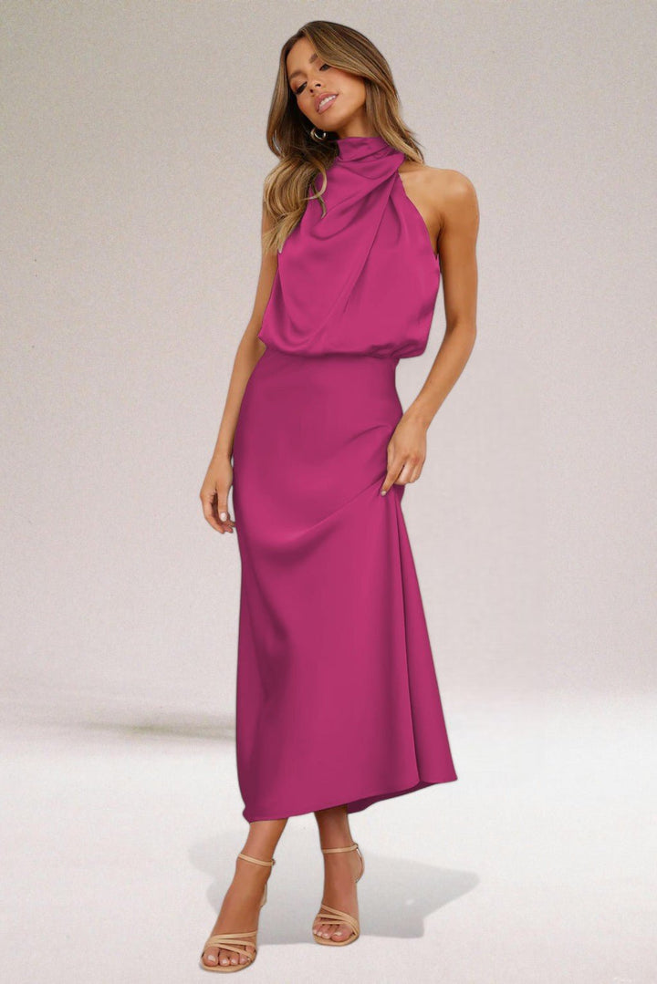 Plus Size Neckholder Kleid Elegant Satin Abendkleid Lang - Magenta