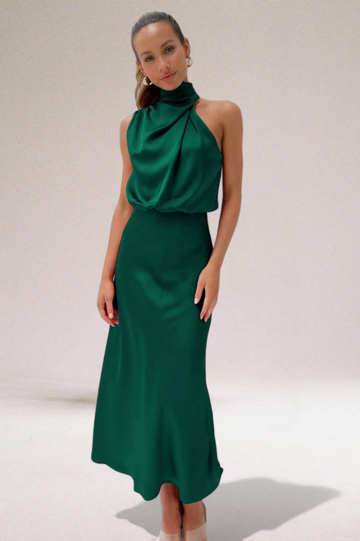 Plus Size Neckholder Kleid Elegant Satin Abendkleid Lang - Green
