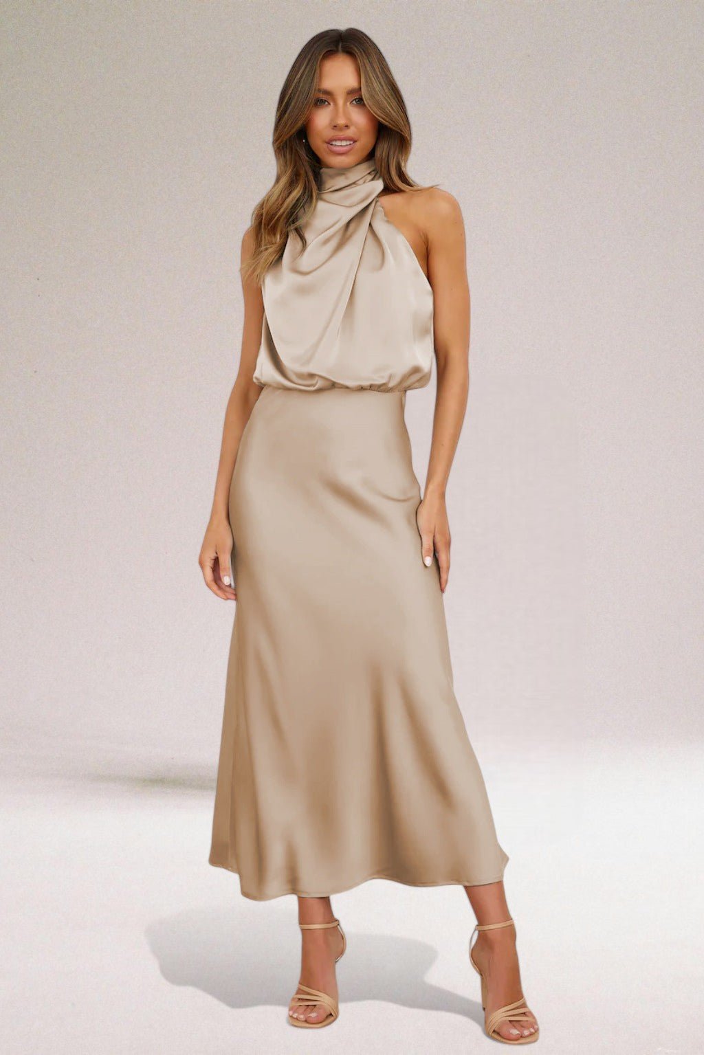 Plus Size Neckholder Kleid Elegant Satin Abendkleid Lang - Beige