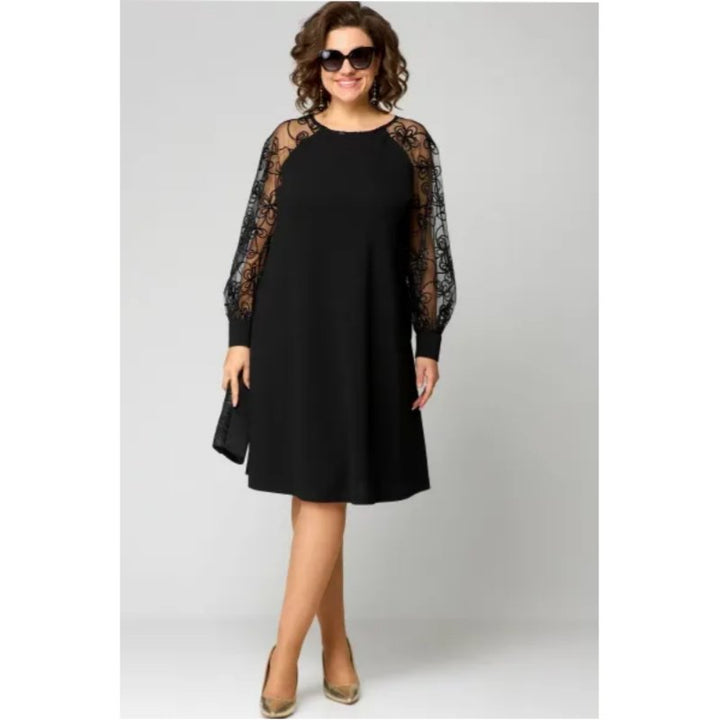 Plus Size Spitzenkleid Langarm Elegantes Schwarzes Kleid