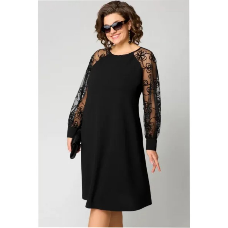 Plus Size Spitzenkleid Langarm Elegantes Schwarzes Kleid