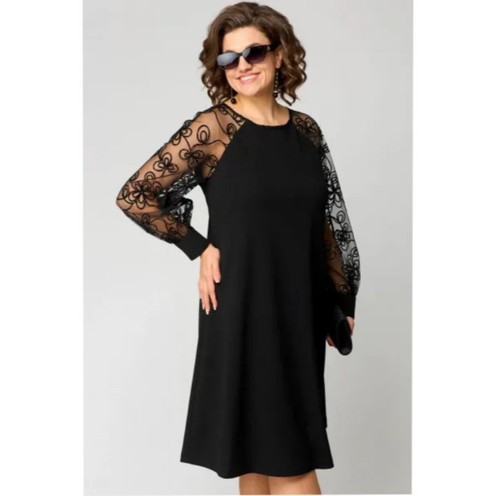 Plus Size Spitzenkleid Langarm Elegantes Schwarzes Kleid