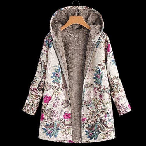 Plus Size Wintermantel mit Kapuze Blumenmuster Gefüttert - White