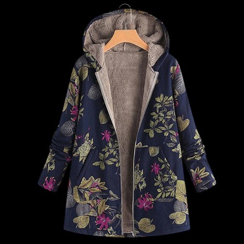Plus Size Wintermantel mit Kapuze Blumenmuster Gefüttert - Navy Blue