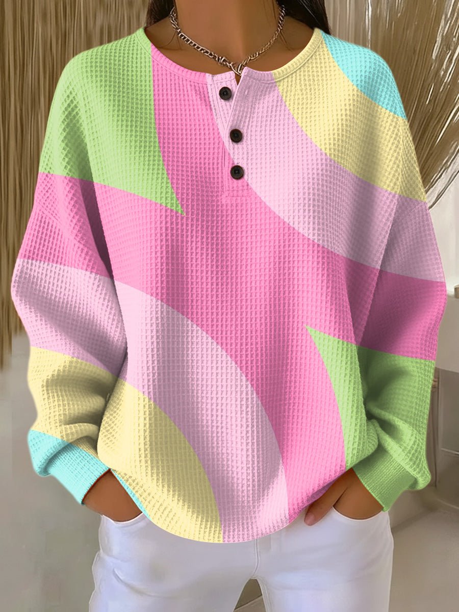 Pullover Geometrisch Waffelstoff Langarm Knopfleiste - Pink
