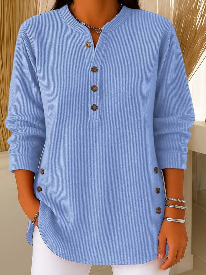Pullover Gerippte Strick Knopfdetails Henley - Blue