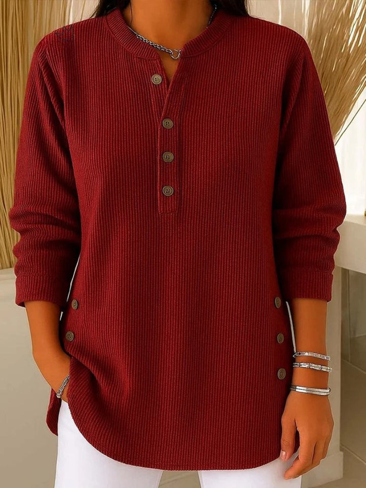 Pullover Gerippte Strick Knopfdetails Henley - Red