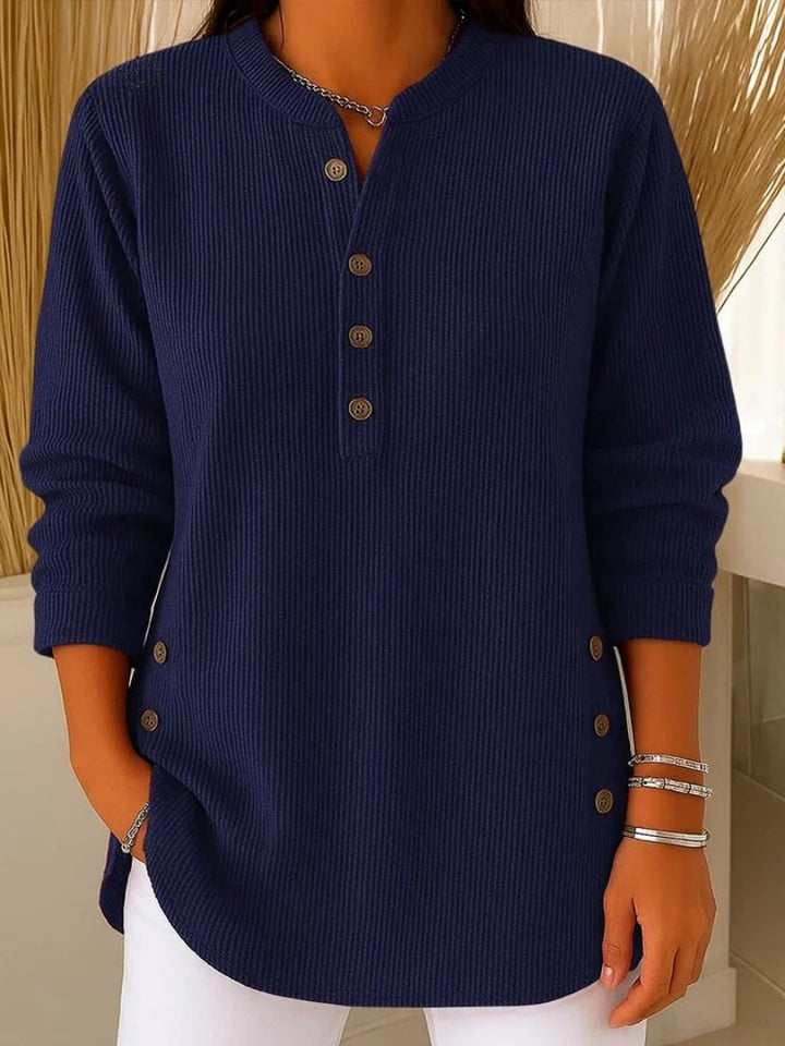 Pullover Gerippte Strick Knopfdetails Henley - Dark Blue