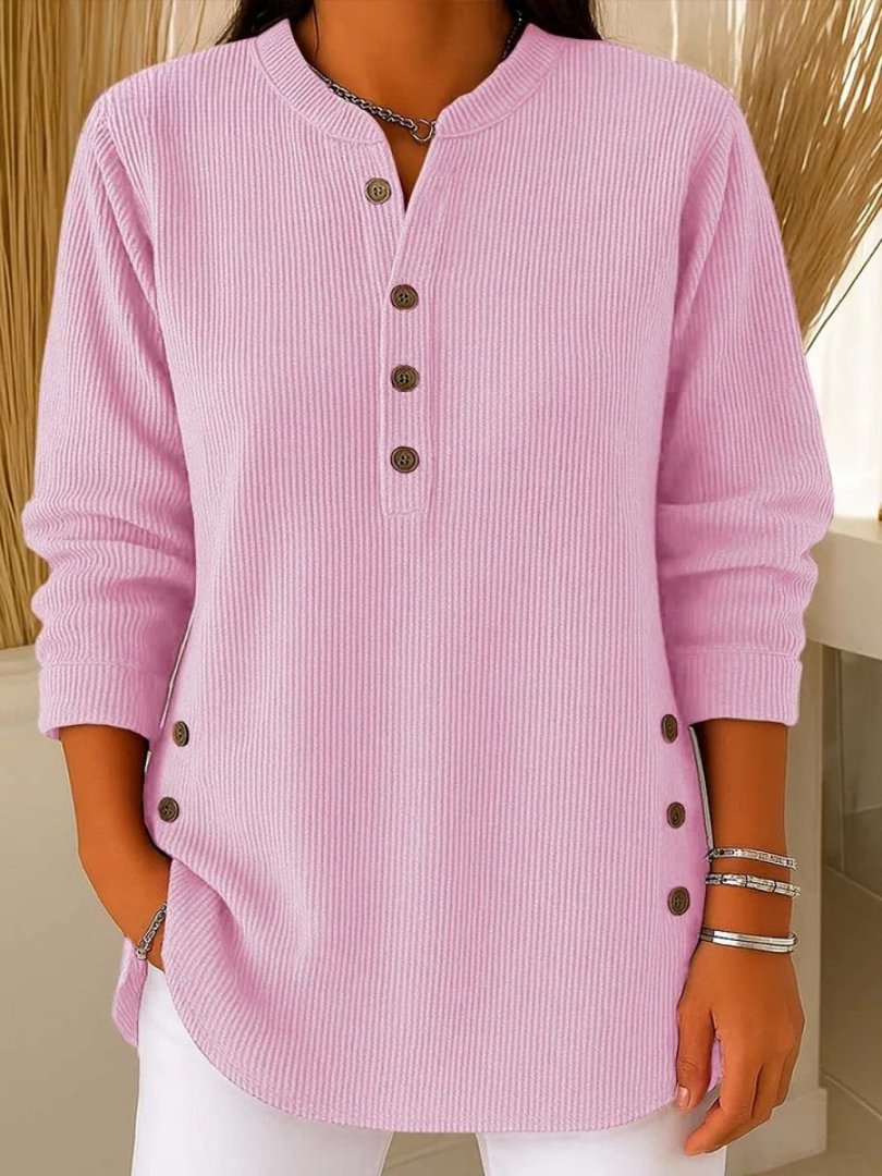 Pullover Gerippte Strick Knopfdetails Henley - Pink