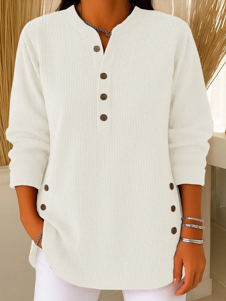 Pullover Gerippte Strick Knopfdetails Henley - White