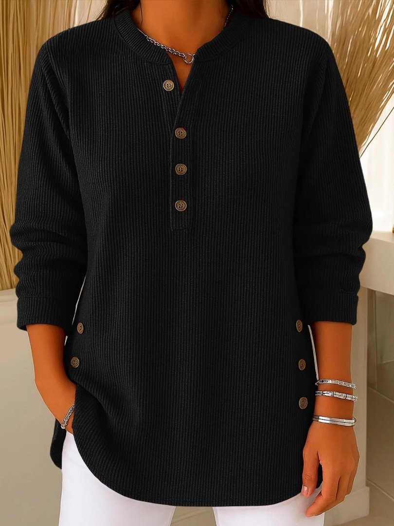 Pullover Gerippte Strick Knopfdetails Henley - Black