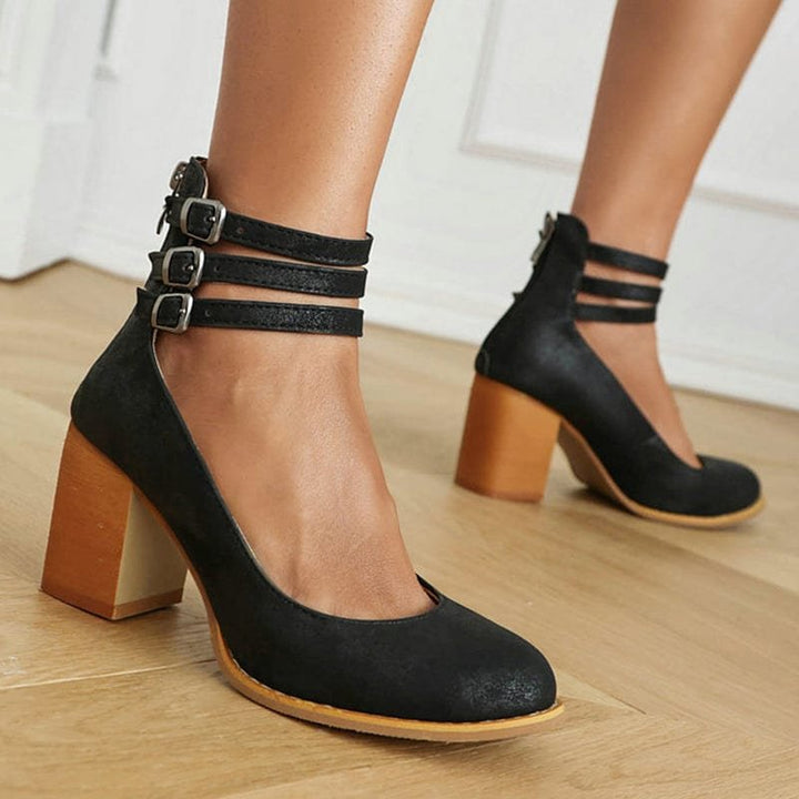 Pumps Dreifach Schnallen Blockabsatz Leder Optik - Black