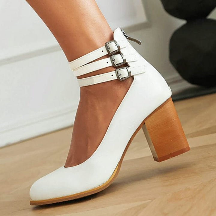 Pumps Dreifach Schnallen Blockabsatz Leder Optik - White