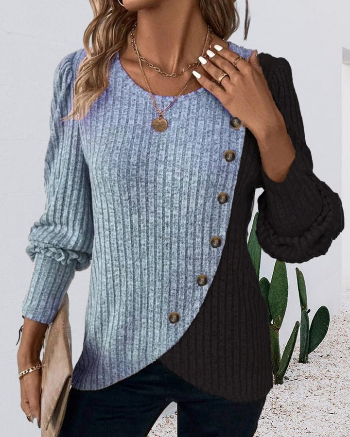 Eva | Damen Rippen-Strickshirt mit Knopfleiste