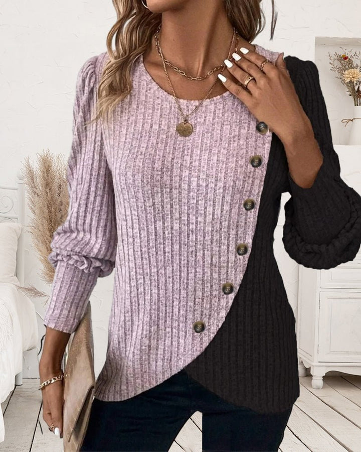 Eva | Damen Rippen-Strickshirt mit Knopfleiste