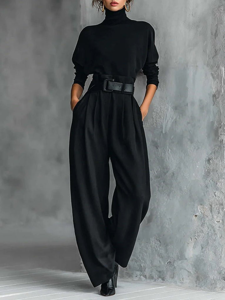 Rollkragen Jumpsuit Set mit Gürtel Langarm Zweiteiler - Black