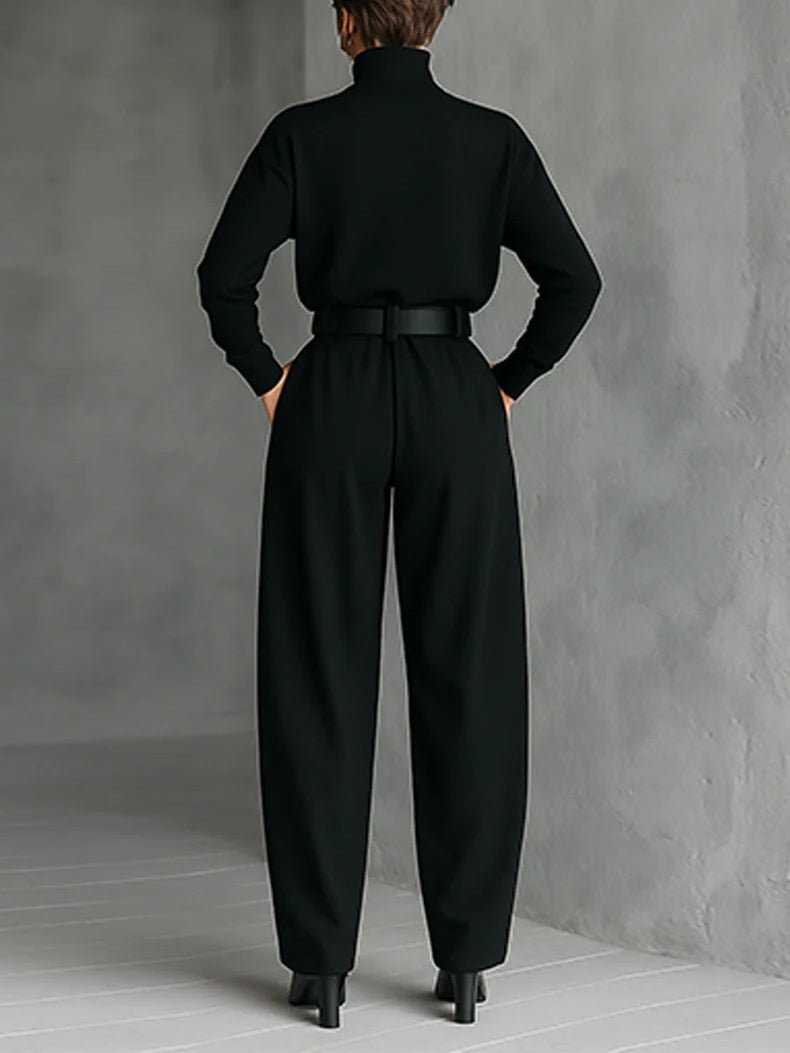 Rollkragen Jumpsuit Set mit Gürtel Langarm Zweiteiler