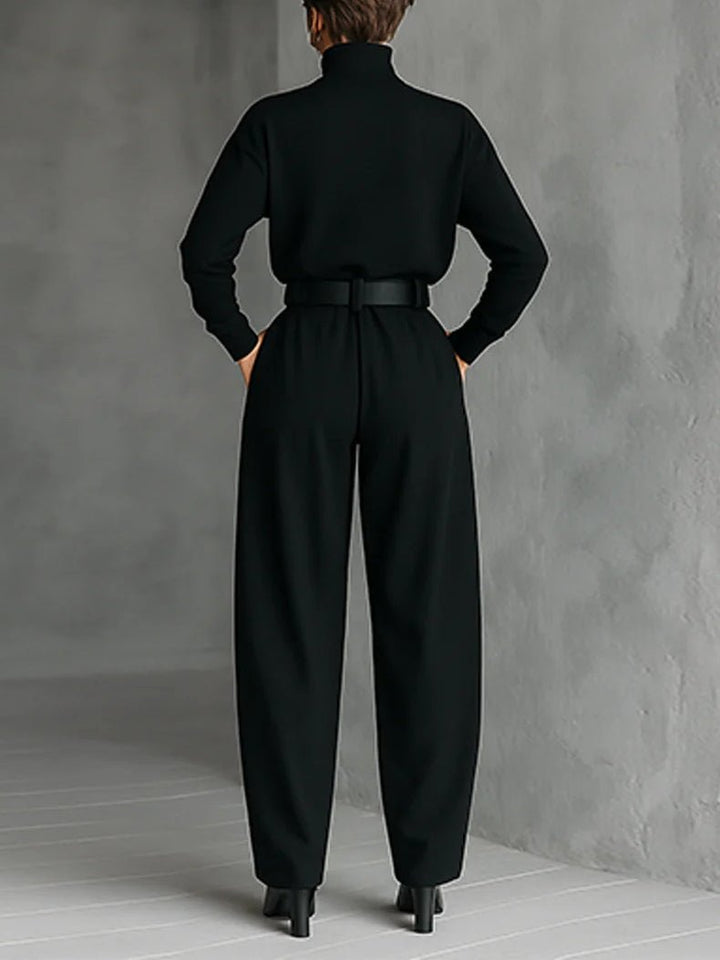Rollkragen Jumpsuit Set mit Gürtel Langarm Zweiteiler