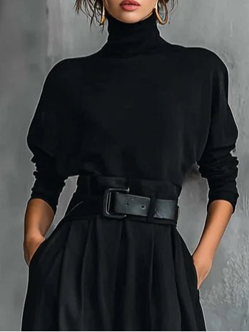 Rollkragen Jumpsuit Set mit Gürtel Langarm Zweiteiler