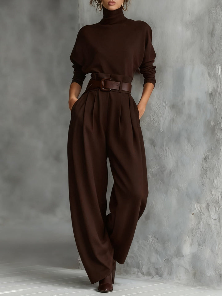 Rollkragen Jumpsuit Set mit Gürtel Langarm Zweiteiler - Brown