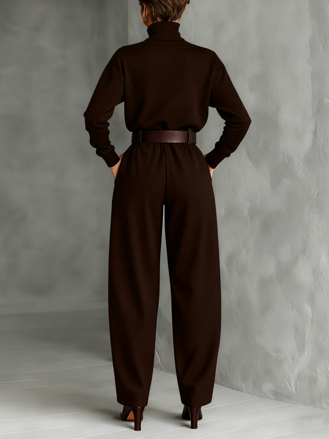 Rollkragen Jumpsuit Set mit Gürtel Langarm Zweiteiler