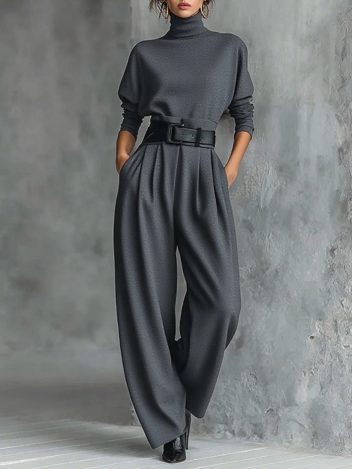 Rollkragen Jumpsuit Set mit Gürtel Langarm Zweiteiler - Grey
