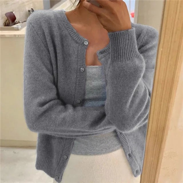 Strickjacke Weich Knopfleiste Rundhals - Grey