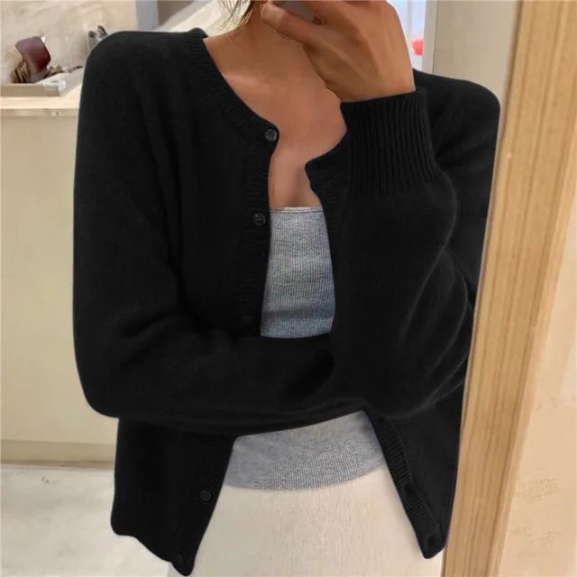 Strickjacke Weich Knopfleiste Rundhals - Black