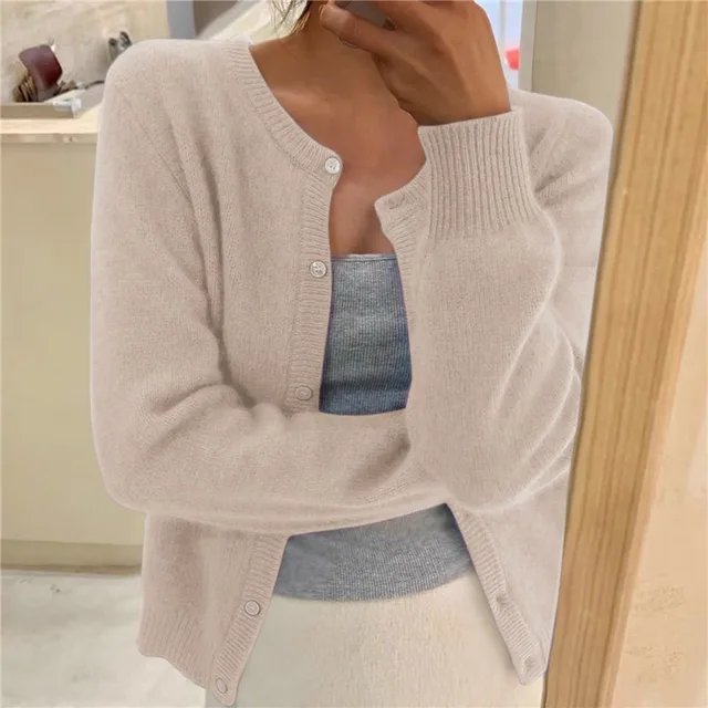 Strickjacke Weich Knopfleiste Rundhals - Beige