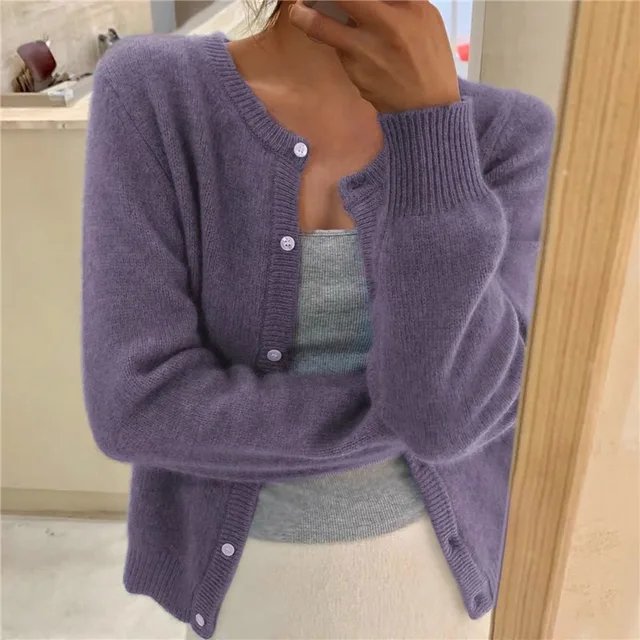 Strickjacke Weich Knopfleiste Rundhals - Purple