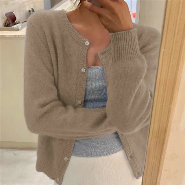 Strickjacke Weich Knopfleiste Rundhals - Khaki