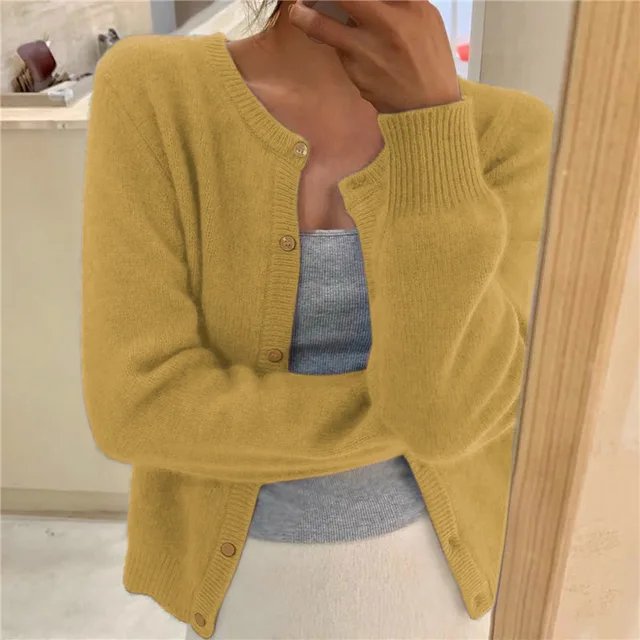 Strickjacke Weich Knopfleiste Rundhals - Yellow