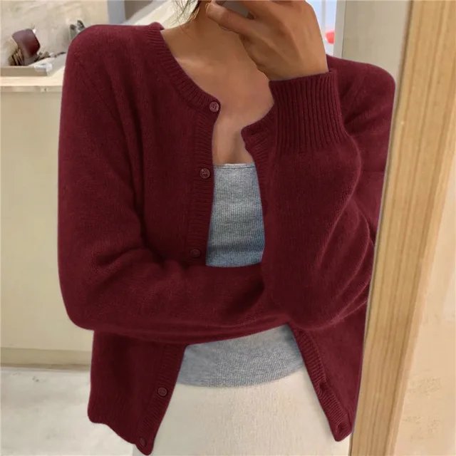 Strickjacke Weich Knopfleiste Rundhals - Burgundy