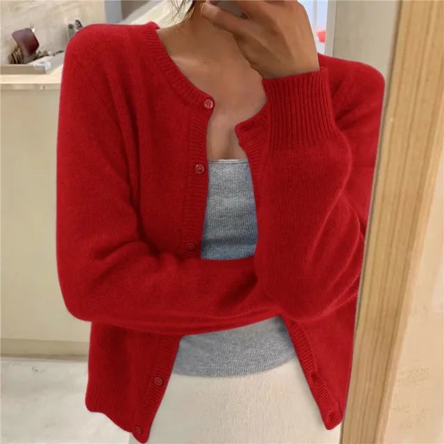 Strickjacke Weich Knopfleiste Rundhals - Red