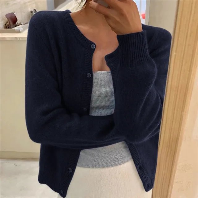 Strickjacke Weich Knopfleiste Rundhals - Navy Blue