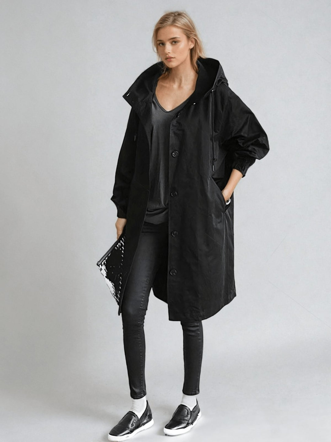 Trenchcoat Wasserabweisend Klassisch Knopfleiste Taschen - Black