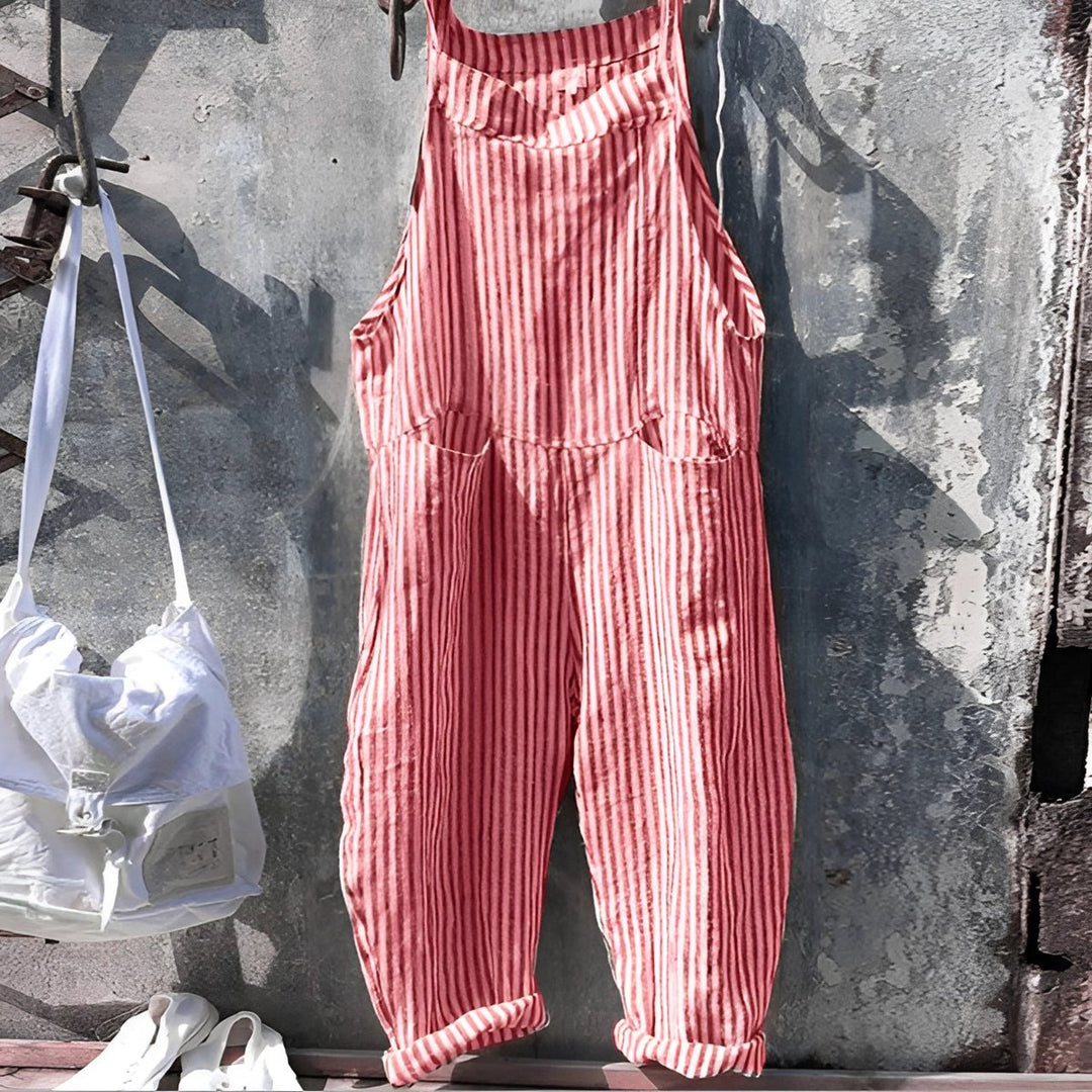 Unisex Vintage Gestreifter Overall Latzhose Verstellbare Träger - Rot