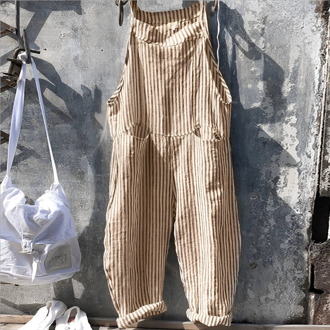 Unisex Vintage Gestreifter Overall Latzhose Verstellbare Träger - Hellbraun