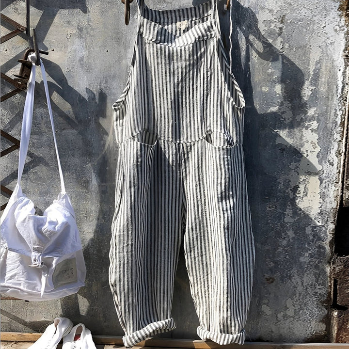 Unisex Vintage Gestreifter Overall Latzhose Verstellbare Träger - Grau