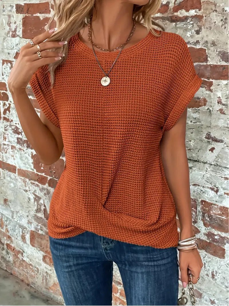 Waffelstrick Kurzarm Top Damen Baumwollmischung - Rust