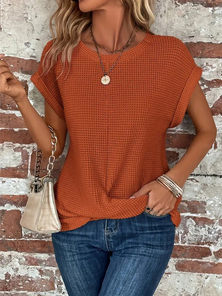 Waffelstrick Kurzarm Top Damen Baumwollmischung