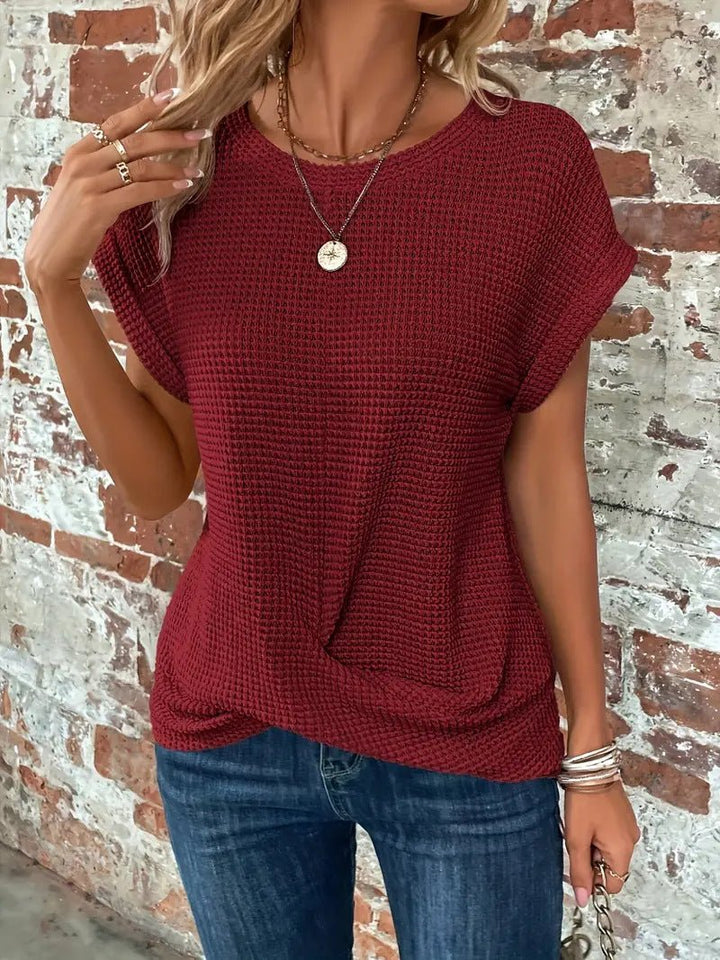 Waffelstrick Kurzarm Top Damen Baumwollmischung - Burgundy