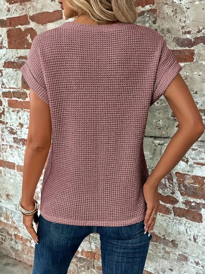 Waffelstrick Kurzarm Top Damen Baumwollmischung