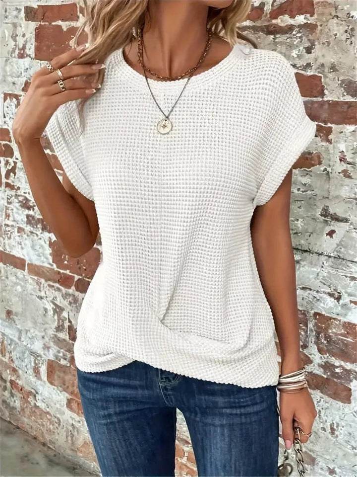 Waffelstrick Kurzarm Top Damen Baumwollmischung - White