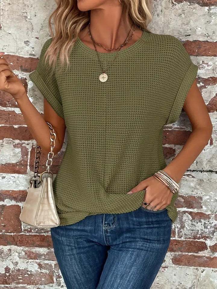 Waffelstrick Kurzarm Top Damen Baumwollmischung - Olive Green