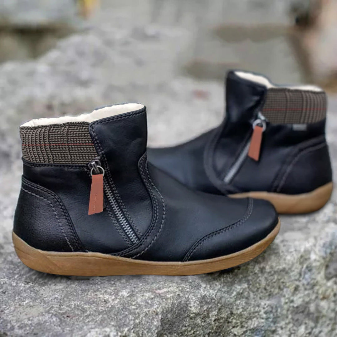 Wasserdichte Stiefel Damen Leder Knöchelhoch Komfort - Black