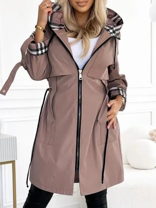 Wasserdichter Damenparka mit Kapuze und Karromuster - Brown