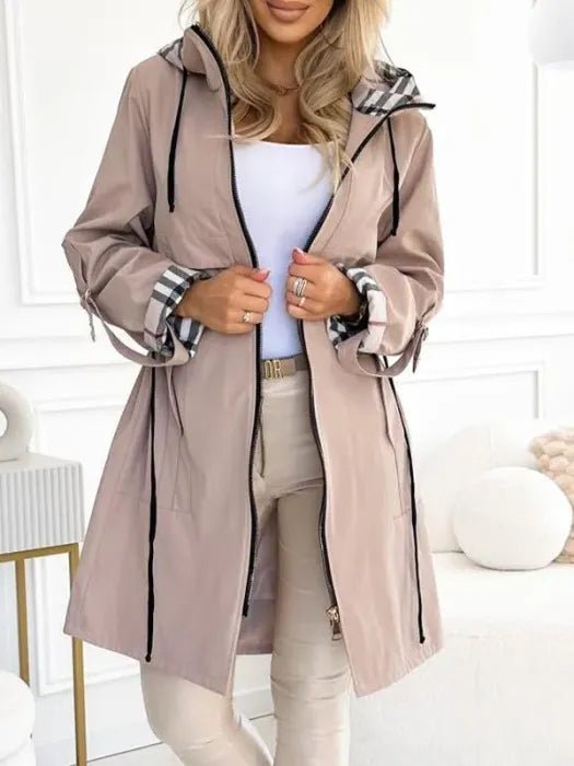 Wasserdichter Damenparka mit Kapuze und Karromuster - Beige