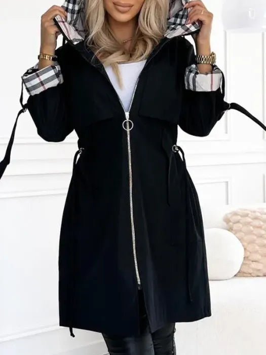 Wasserdichter Damenparka mit Kapuze und Karromuster - Black